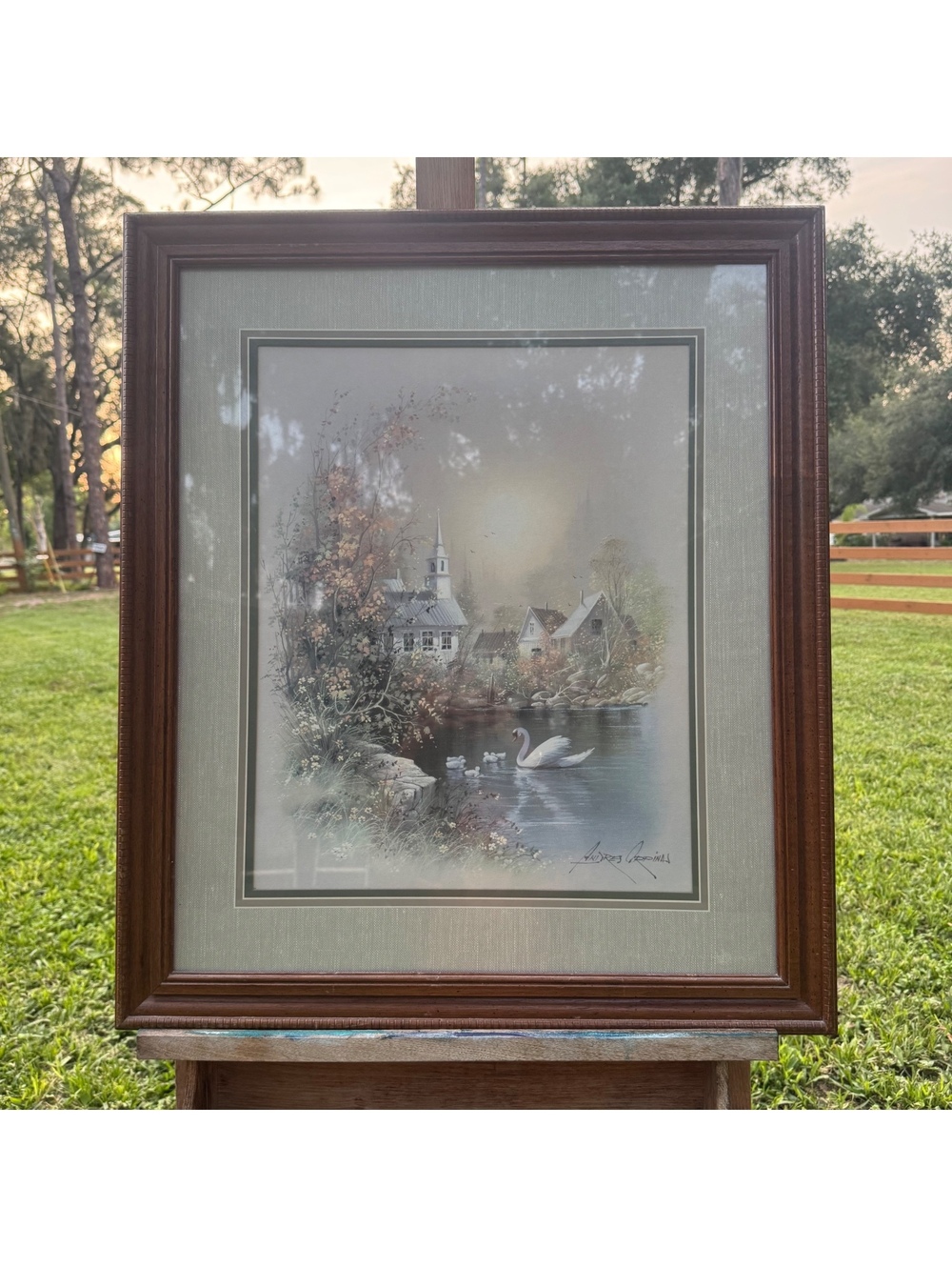 Vintage Andres Orpinas Framed Village Swan Landscape Print 25x29 Wall Art - Picture 2 of 9